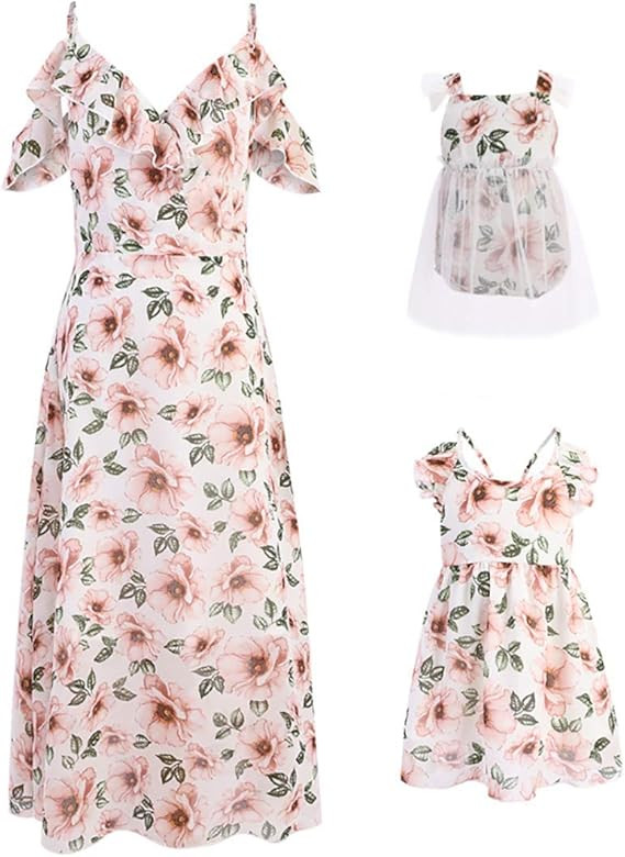 PopReal Mommy and Me Dresses Floral Print Cold Shoulder Ruffle Backless Strap Romper Beach Midi D... | Amazon (US)