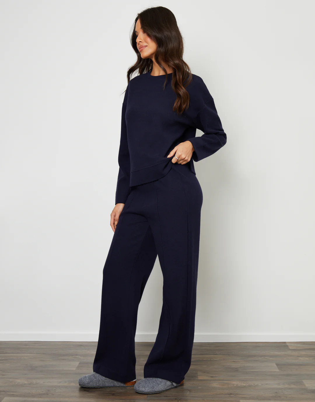 Navy Cosy Rib Pull On Wide Leg Joggers | Threadbare
