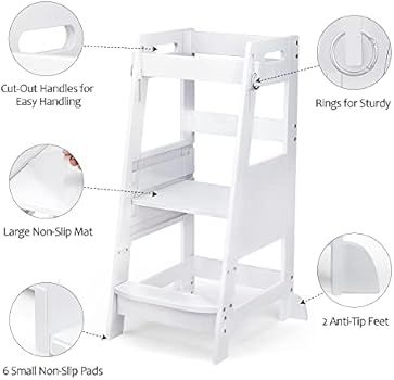 Amazon.com: TOETOL Bamboo Toddler Kitchen Step Stool White Helper Standing Tower Height Adjustabl... | Amazon (US)