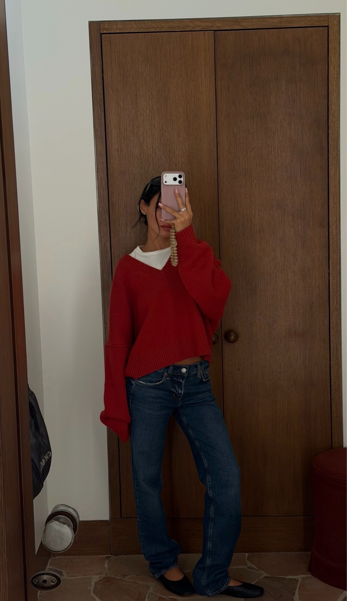 fall style ootd | Sézane red knit sweater, daydreamer tee, agolde jeans, Everlane flats

#LTKdayinmylife #LTKgrwm #LTKootd