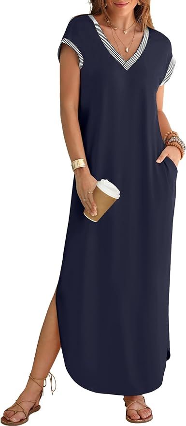 MEROKEETY Women's 2024 Summer Short Sleeve Maxi Dress V Neck Split Loose Casual Beach Long Dresse... | Amazon (US)