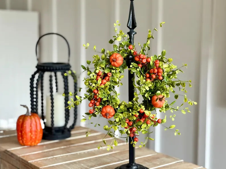 Fall Candle Ring Wreath: Green Leaf Vine, Pumpkins & Berries - Etsy | Etsy (Global)