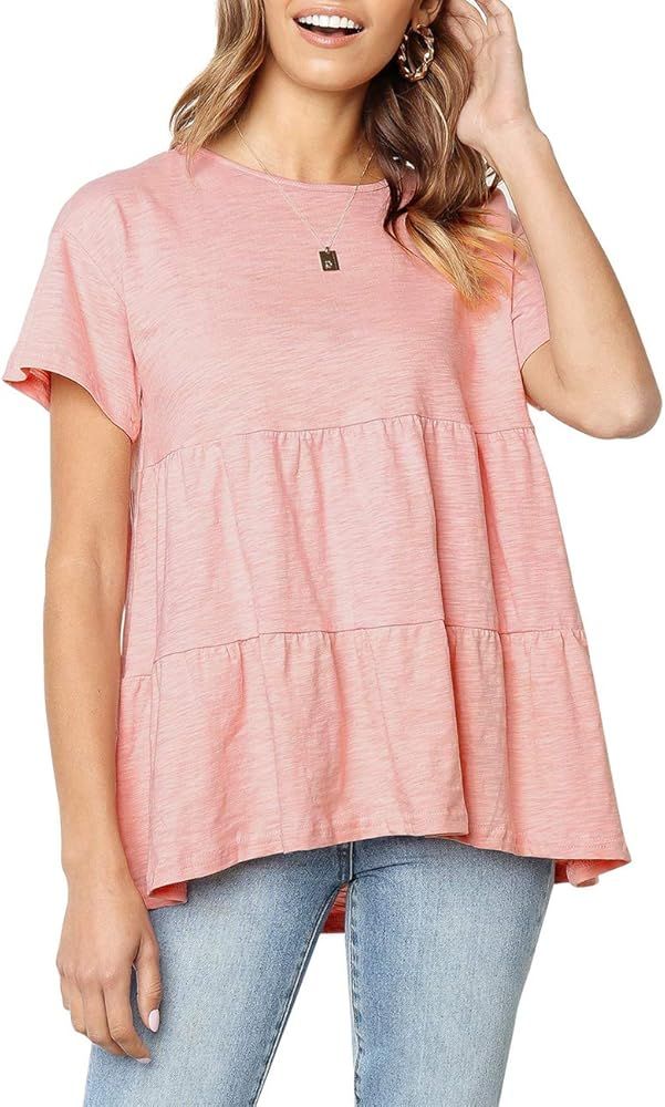 Sanifer Women's Peplum Tops Summer Short Sleeve Ruffle Loose Shirt Blouse | Amazon (US)