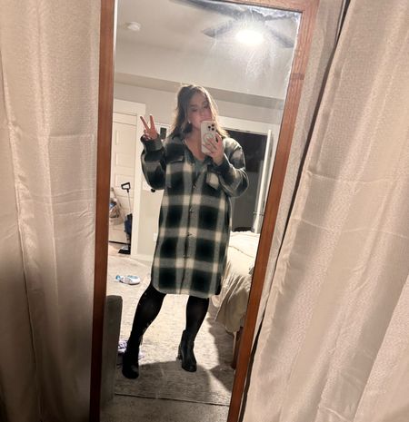 Oversized plaid shacket that I just buttoned up to look like
A dress, but I do have my favorite slip dress on underneath, with tights and Tom’s boots! 

#LTKplussize #LTKshoecrush #LTKfindsunder100