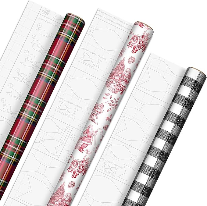 Hallmark Christmas Wrapping Paper Rolls, Holiday Plaid (3-Pack: 120 Sq. Ft. Ttl) Red Toile, Black... | Amazon (US)