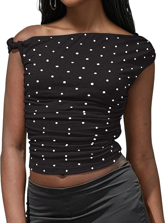MISSACTIVER Women’s Polka Dot Off Shoulder Crop Tops One Shoulder Crop Tank Top Asymmetrical Ru... | Amazon (US)