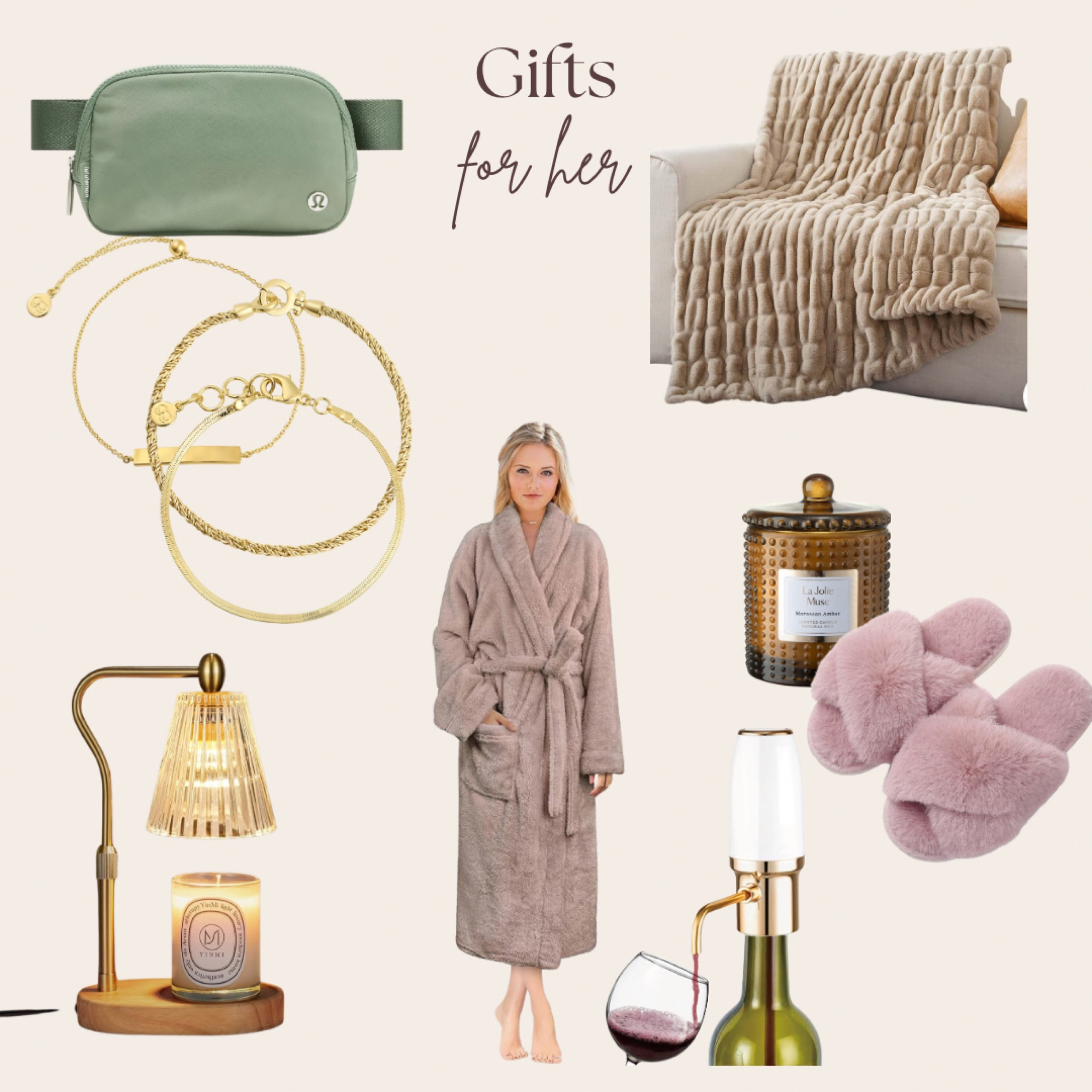 I personally own all of these and can confidentially recommend any lady in your life-mom, friend, gf would love!

#giftsforher #giftguide #giftsformom #giftsforfriend #girlfriendgifts #cozyblanket #lululemon #winegifts #cozyrobe #candlegifts #slippers #candlewarmer #jewelrygifts

#LTKFindsUnder50 #LTKSaleAlert #LTKGiftGuide