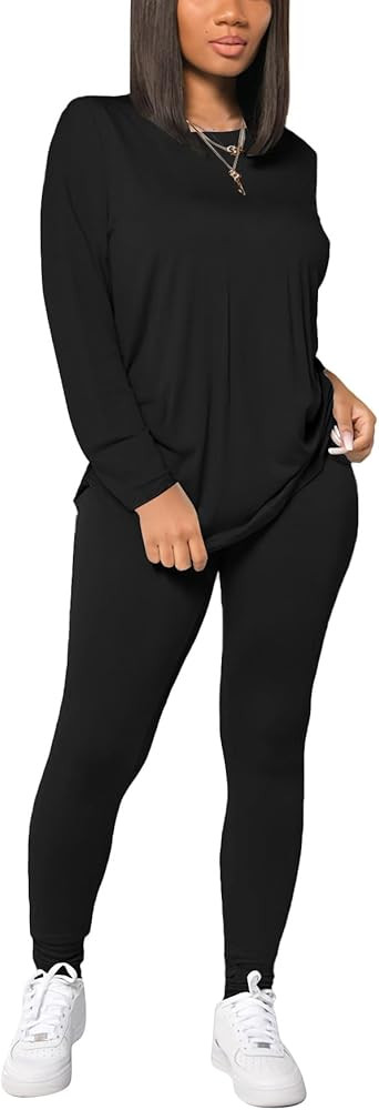 HBQ Women's Casual 2 Piece Outfits Long Sleeve Sweatsuits Drop Shoulder Tracksuits Biker Workout ... | Amazon (US)