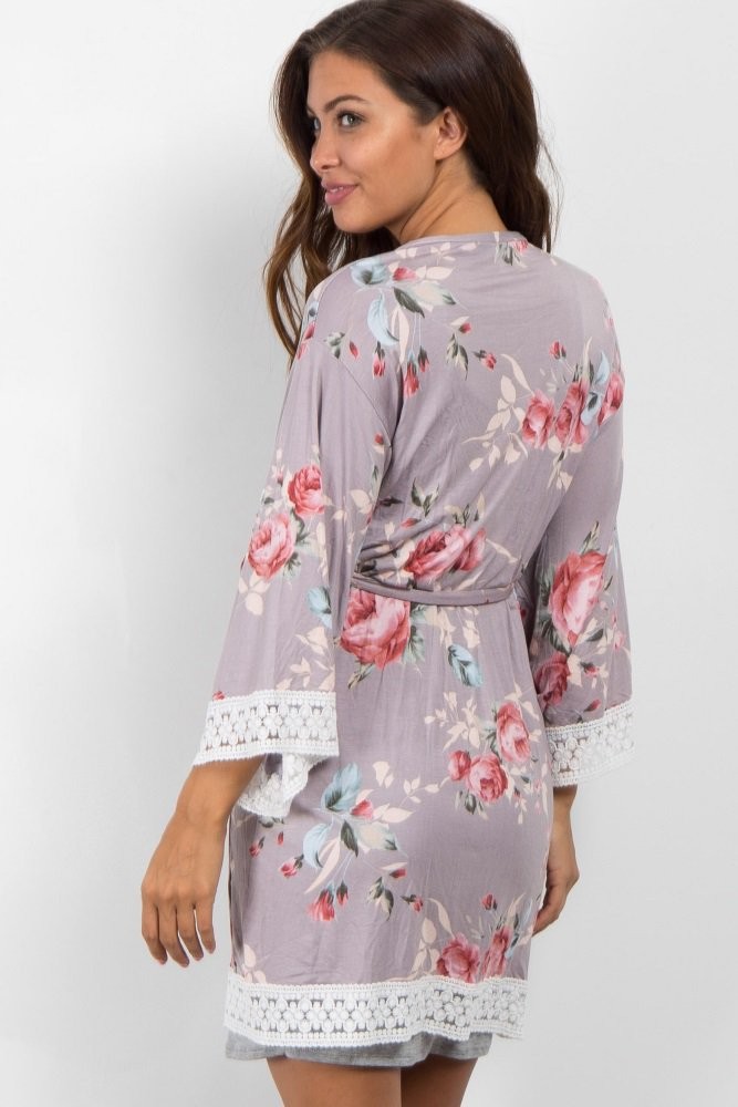 Grey Rose Floral Lace Trim Delivery/Nursing Maternity Robe | PinkBlush Maternity