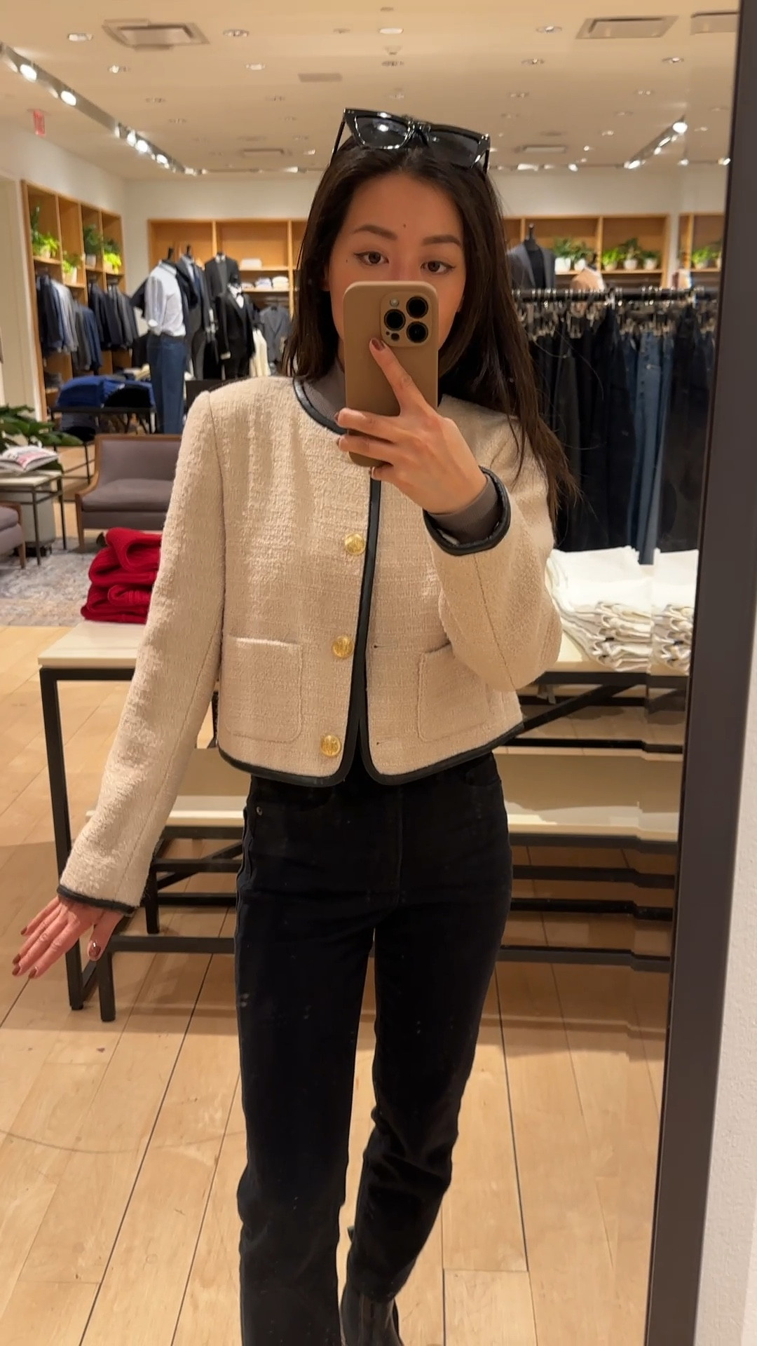 Pardon the loud in-store try on but I wanted to share this asap while fully stocked! gorgeous petite friendly tweed lady jacket with real leather trim for a little edginess

Trying size 00 which is a little boxy in cut like their lady jackets typically are, so there’s some room on me. slightly cropped and the sleeve wasn’t too long on me which is always a win

• old express black ankle jeans, linked similar available in petite. Highly recommend the jcrew slim wide jean too which is selling quickly  

• Caslon boots sz 5. Linked exact pair, and the Nordstrom Miah linked under similar is the updated version with a block heel 

Workwear , jcrew , elegant style 

#LTKWorkwear #LTKPetite #LTKWatchNow