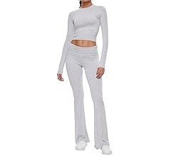 AnotherChill Women's 2 Piece Lounge Sets Fold-over Flare Pants Set Long Sleeve Cropped Top Casual... | Amazon (US)