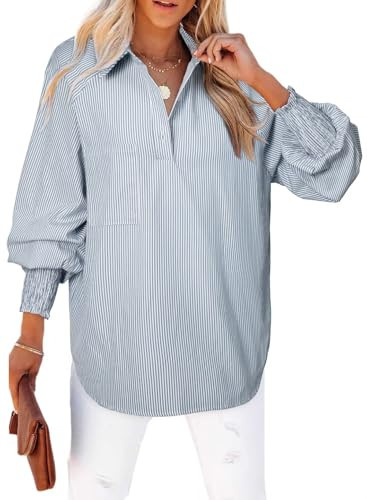 Astylish Women 2025 Fine Striped Smocked Cuffed Henley Shirts Puff Long Sleeve Collared Blouse To... | Amazon (US)