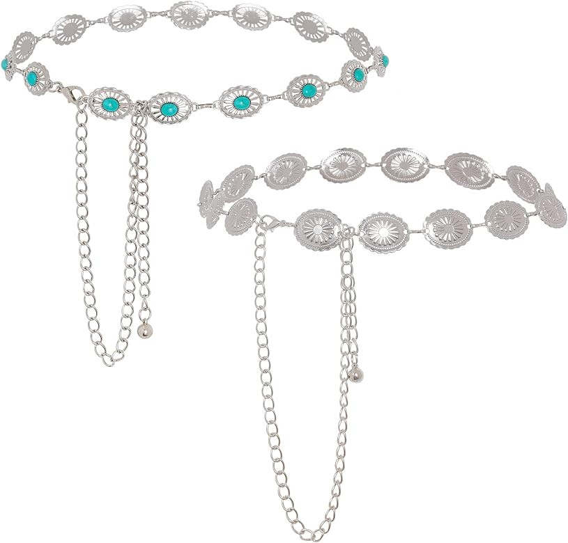 obmwang 2 Pcs Women Concho Western Chain Belts Turquoise Chain Belts Adjustable Metal Waist Belt ... | Amazon (US)
