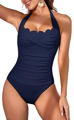 Eomenie Women One Piece Tummy Control Swimsuit Halter Scallop Trim Bathing Suits 1 Piece Vintage Ruched Slimming Swimwear Dark Blue | Amazon (US)