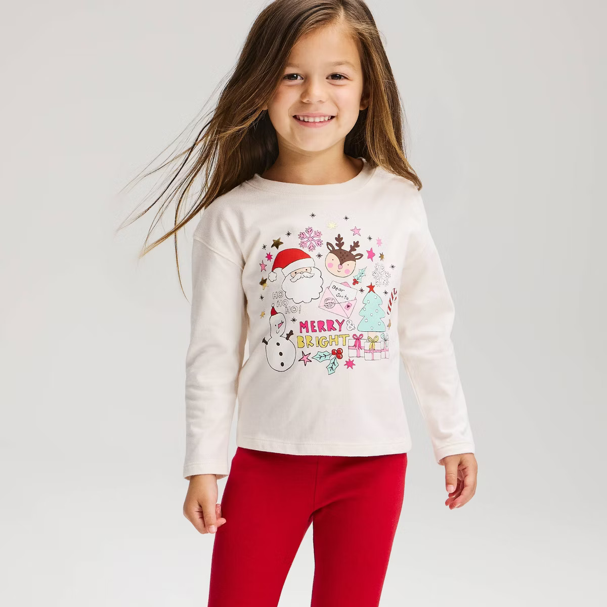 Toddler Girls' Oversized Long Sleeve Holiday Santa T-Shirt - Cat & Jack\u2122 Cream 18M | Target