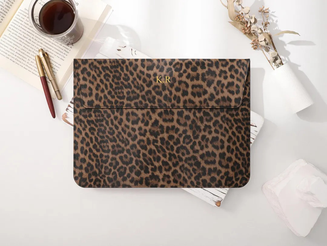 Personalized Brown Leopard Print Leather Laptop Sleeve, Leather Laptop Case, Case for MacBook Mac... | Etsy (US)