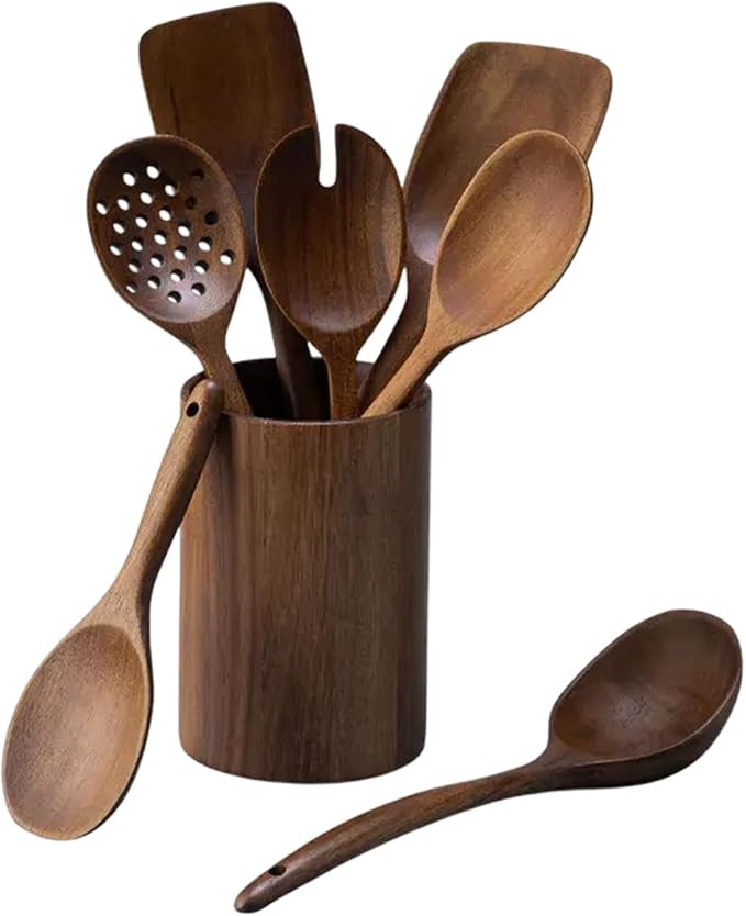 JazzUpCo Handcrafted Teak Wood Kitchen Utensils Set of 7, Non-Toxic Eco-Friendly Cooking Tools, S... | Amazon (US)
