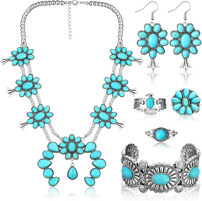 Bohemian Western Jewelry Turquoise Set Women Country Pendant Long Choker Layered Bracelets Earrin... | Amazon (US)