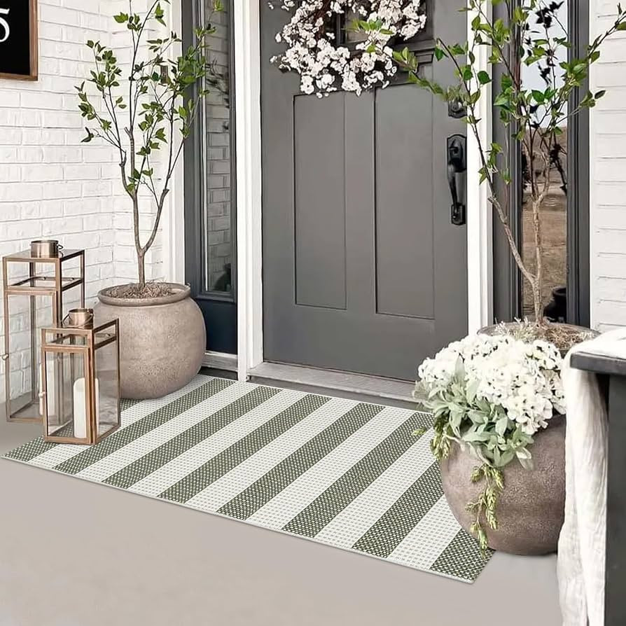 Boho Striped Front Door Mat Outside Entrance 2x4.3,Green and White Washable Porch Rug Runner,Cott... | Amazon (US)