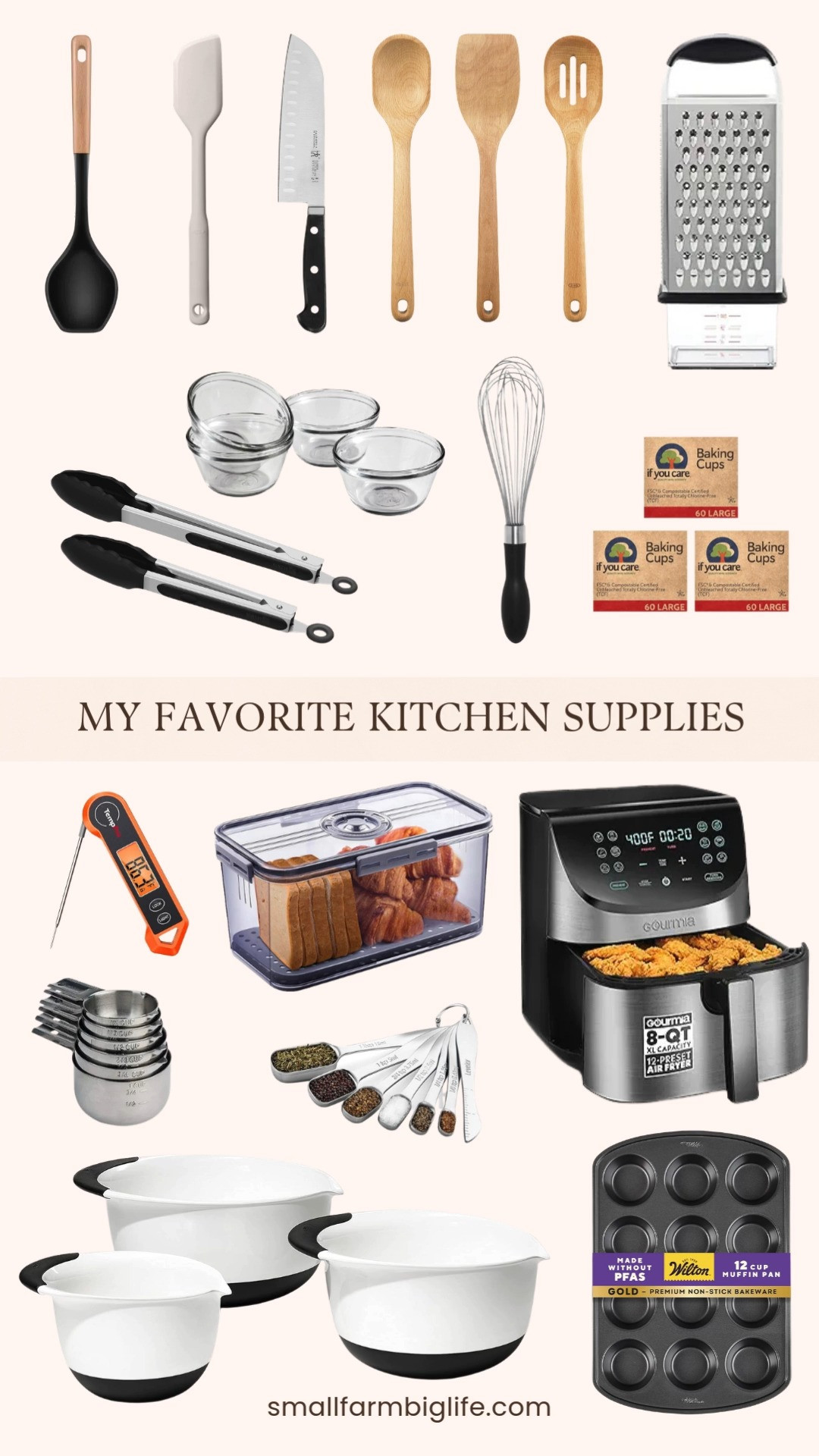 These are the kitchen staples I reach for every single day 🤍✨

From my favorite airtight bread box and muffin pan for baking to my go to whisk, mixing bowls, measuring cups, and spatulas, these tools make everything easier. Add in my air fryer, digital meat thermometer, sharp Santoku knife, and everyday utensils and you’ve got the exact setup I use for weeknight dinners and weekend baking 🥣🍞🍗 

 #LTKdayinmylife #LTKfoodie #LTKHome