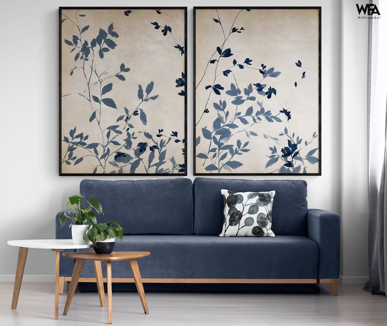 Set of 2 Navy Blue Leaves Wall Prints Framed Twig Wall Decor | Etsy | Etsy (US)