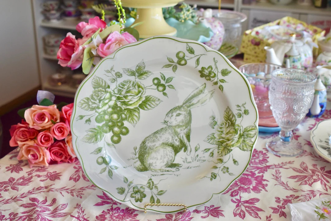 Plates. Green and White Toile Bunny Rabbit Floral and - Etsy | Etsy (US)
