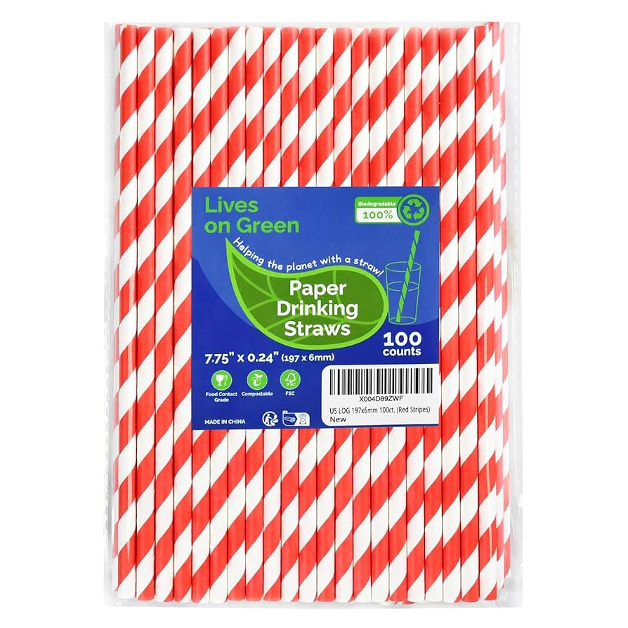 Disposable 7.75 inch Red White Striped Paper Straws Biodegradable 100 Counts - for Drinking, Cock... | Amazon (US)
