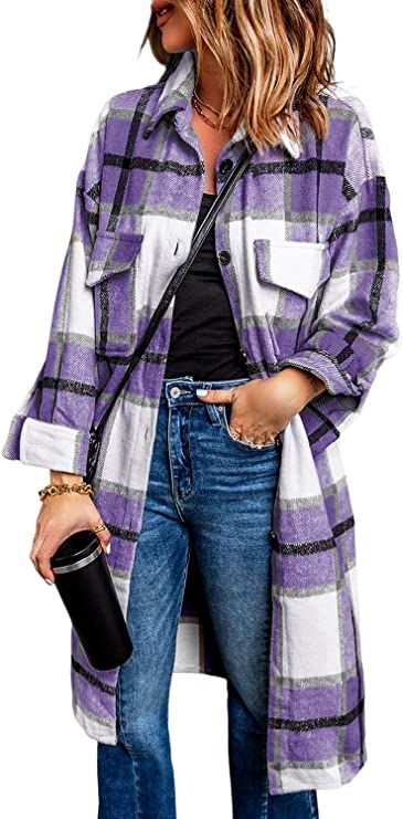 PRETTYGARDEN Women's 2023 Plaid Shacket Jacket Long Sleeve Button Down Shirts Fashion Winter Wool... | Amazon (US)