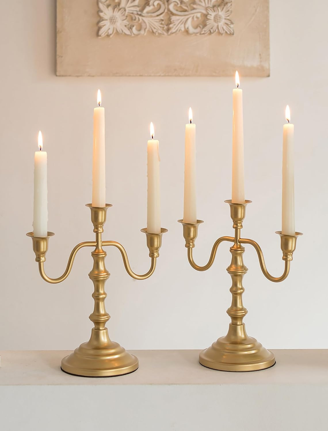 NUPTIO Candelabra Gold Candle Holders: Brass Candlestick Holder 3 Arm | Taper Candles Stick Decor... | Amazon (US)