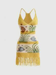 ROMWE Avant Fish Print Tassel Bodycon Knit Dress, Summer Beach Vacation Outfit | SHEIN