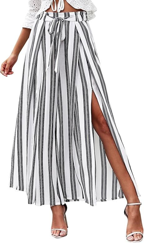 Women's Boho High Waist Split Stripe Wide Leg Pants | Amazon (US)