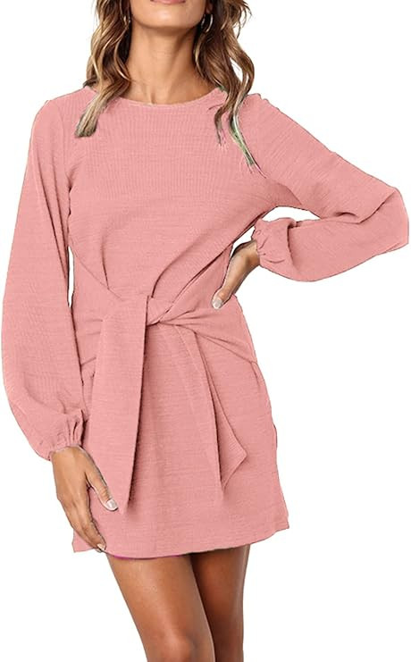 PRETTYGARDEN Women’s Elegant Long Lantern Sleeve Short Dress Crewneck Tie Waist Knit Cocktail D... | Amazon (US)