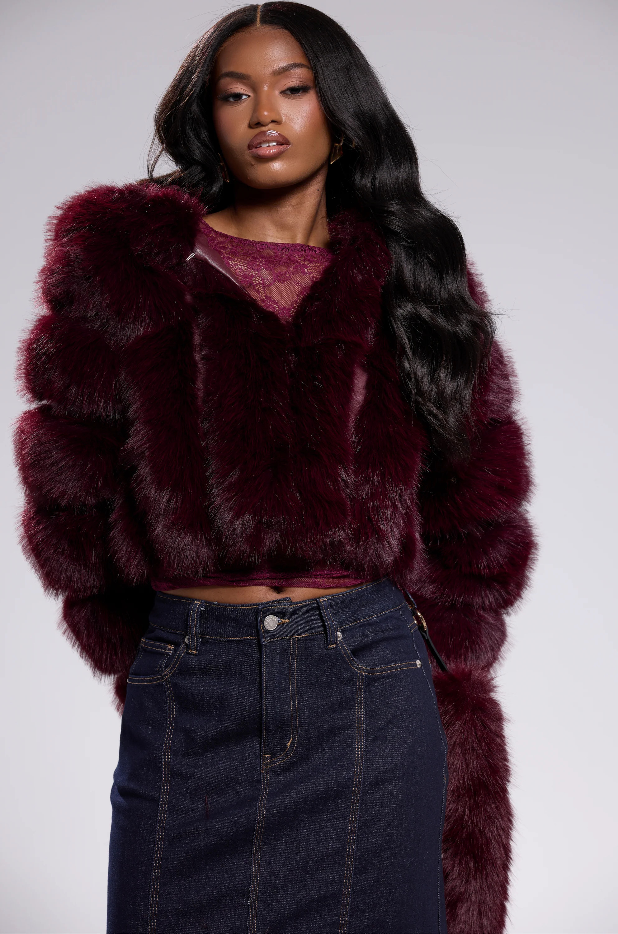 AKIRA Jolene Faux Fur Coat | Burgundy | Size Large | AKIRA