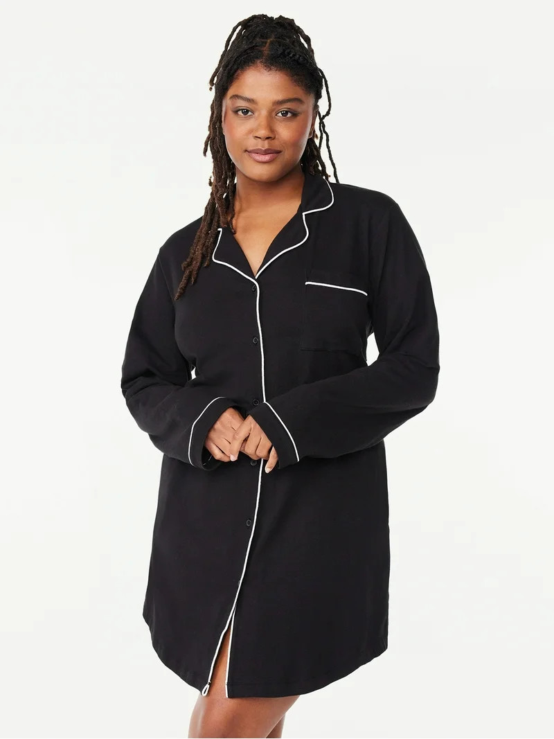 Joyspun Women’s Cotton Blend Long Sleeve Notch Collar Sleepshirt, Sizes S to 4X | Walmart (US)