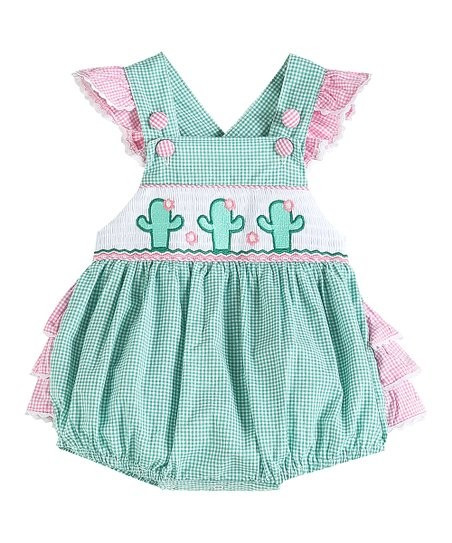 Green & Pink Cactus Smocked Bubble Ruffle Romper - Infant | Zulily