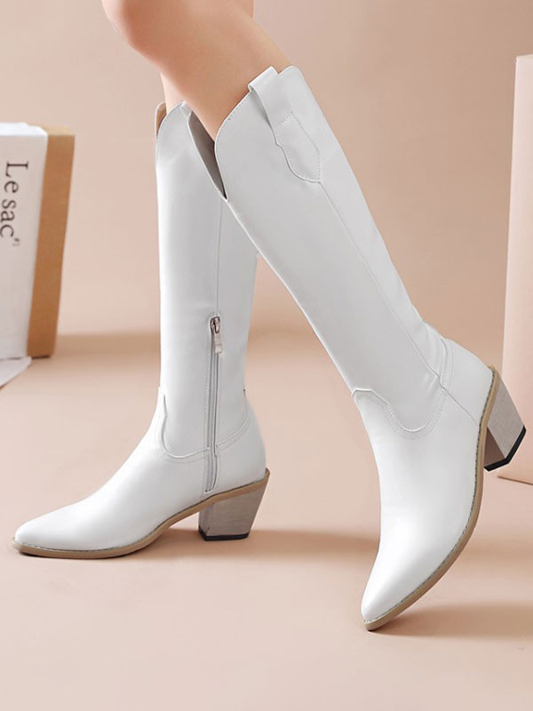 Women's Mid Calf Boots White Pointed Toe Leather Chunky Boots | Milanoo