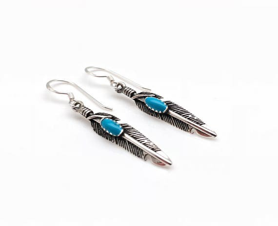 Turquoise Feather Earrings Silver Feather Earrings 925 - Etsy | Etsy (US)