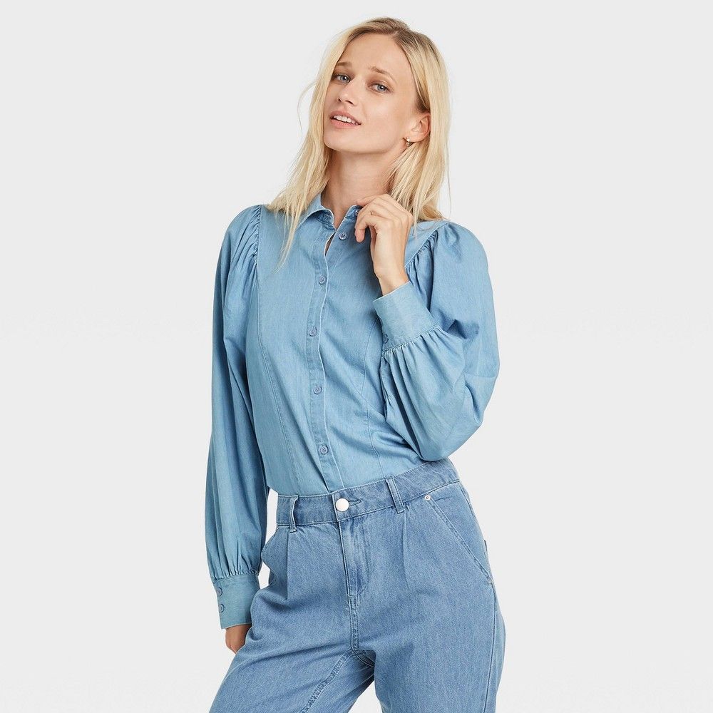 Women's Ruffle Long Sleeve Button-Down Shirt - Who What Wear Blue S | Target