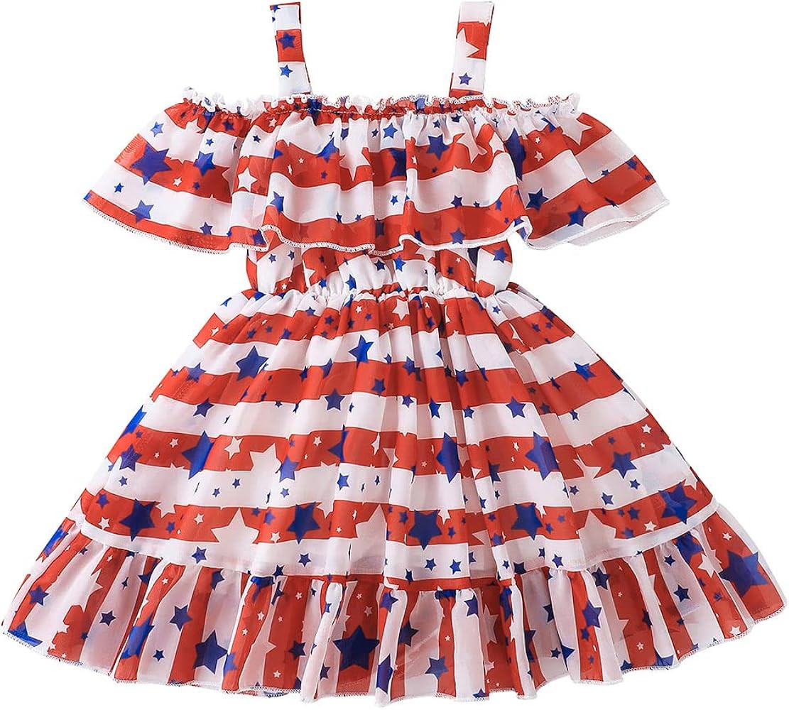 4th of July Toddler Baby Girls Clothes Star Stripes Ruffle Dress Strap Off Shoulder Dresses Patri... | Amazon (US)