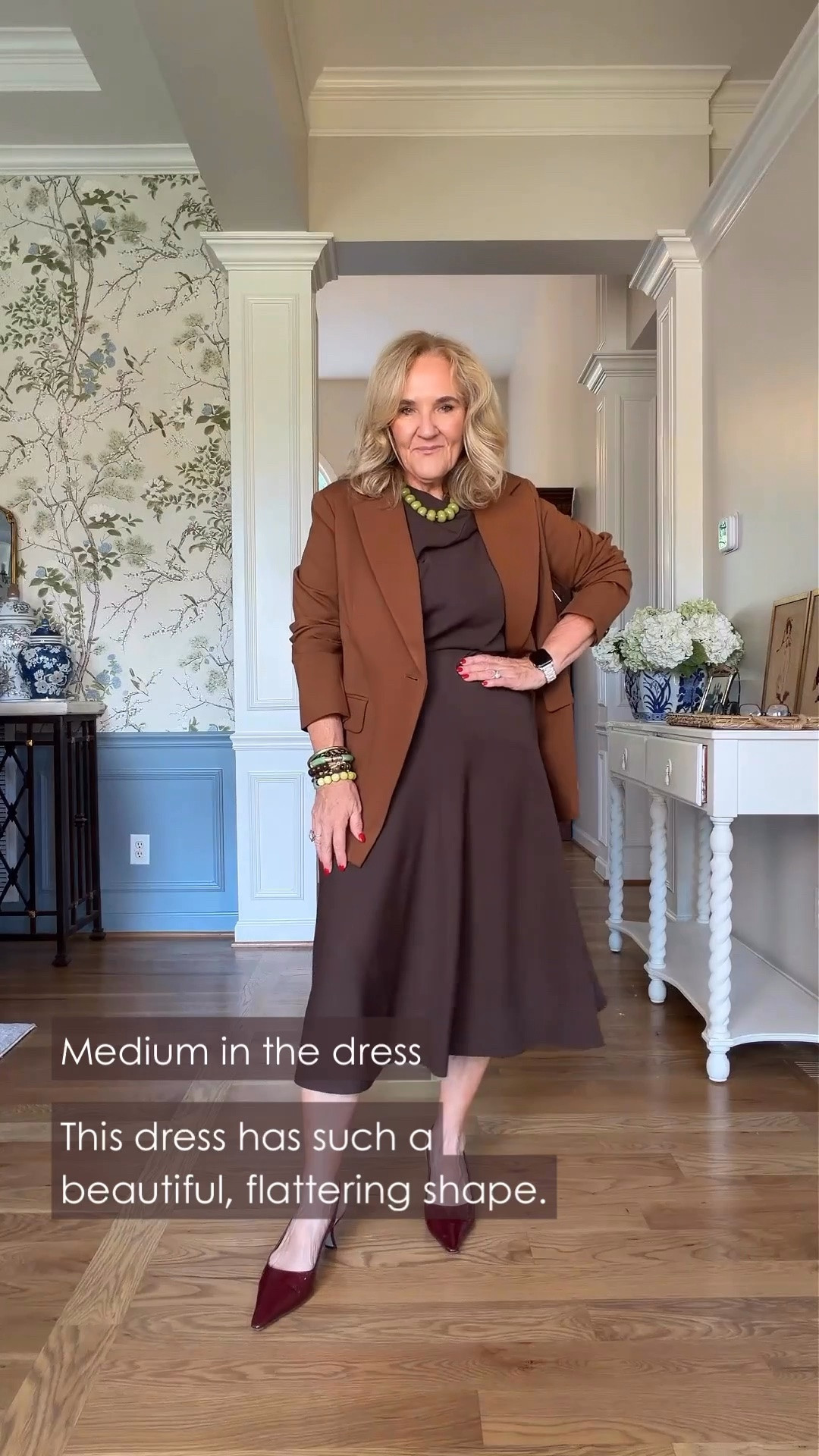 Use code NANETTEXSPANX 15% off your 1st order

I have to say, I really like how this brown dress looks with a tailored blazer. I'm wearing a medium in the dress, and those burgundy shoes add a little something unexpected!