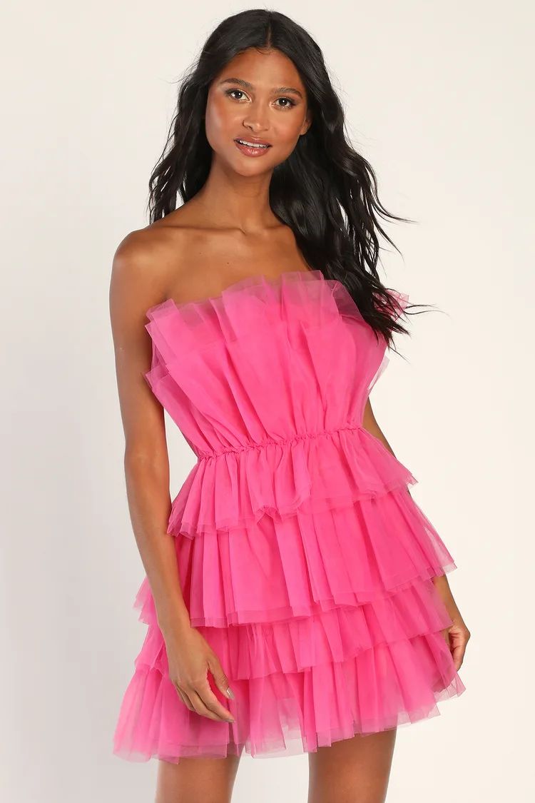 Tulle Intentions Hot Pink Strapless Tiered Tulle Mini Dress | Lulus