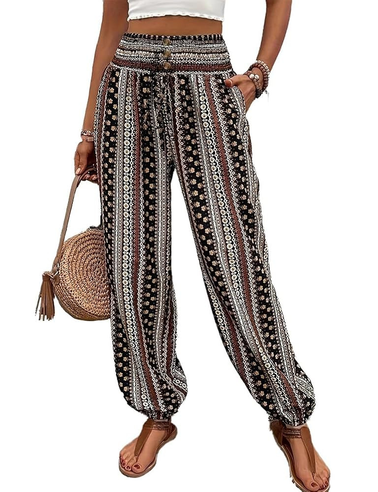 Boho Pants for Women Summer Casual High Waisted Lightweight Comfy Floral Baggy Lounge Pants | Amazon (US)