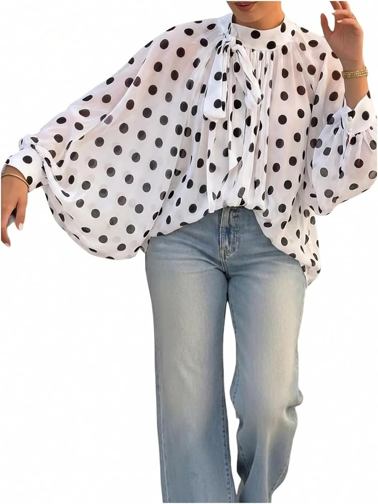 Floerns Women's Polka Dots Bishop Sleeve Shirts Tie Neck Mesh Blouse Tops | Amazon (US)