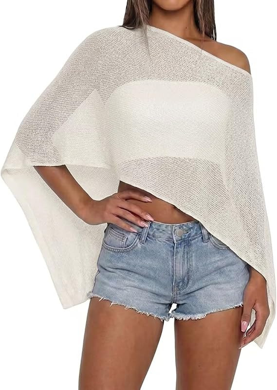 Women Sheer Knit Poncho Top Beach Cover Up Lightweight Crochet Shrug Y2k Summer See Through Shawl | Amazon (US)