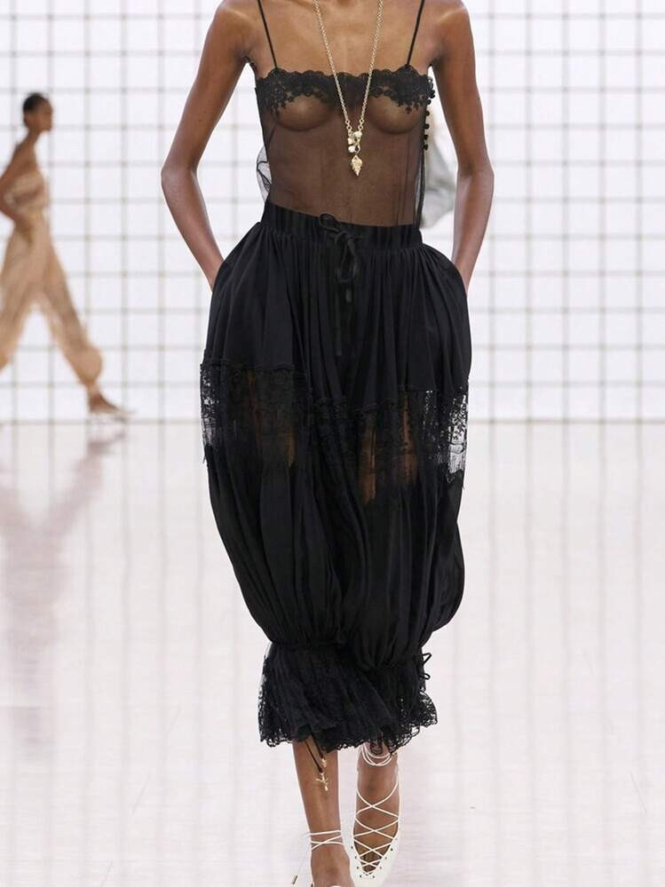 Women's Long Lace Bloomers Casual Loose Fit Stylish Solid Lace Floral Drawstring Mid Rise Crop Pants | SHEIN