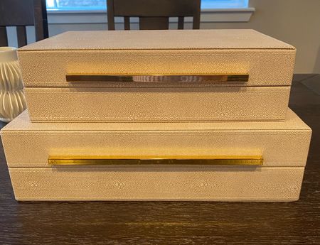 Shagreen storage boxes a fraction of the Restoration Hardware boxes. 3 pack on Amazon, only $75! One RH box is $325! Look for less. Shelf styling. Bookshelf organization. Designer look for less. Home decor on a budget  

#LTKfindsunder100 #LTKhome