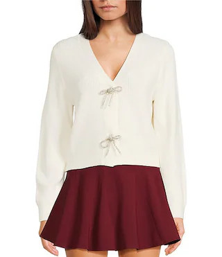 Rhinestone Bow V-Neck Cardigan | Dillard's