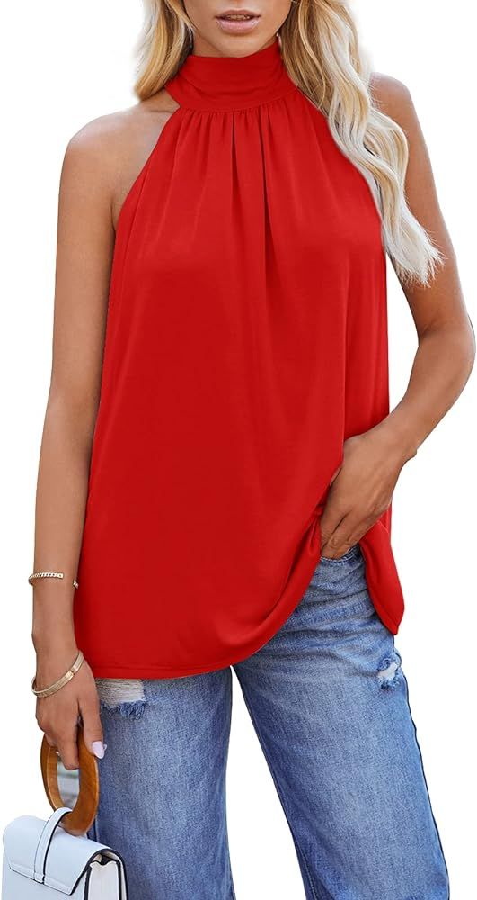 Ermonn Womens Summer Sexy Halter High Neck Tank Tops Sleeveless Shirts Modal Blend Casual Beach Tee  | Amazon (US)