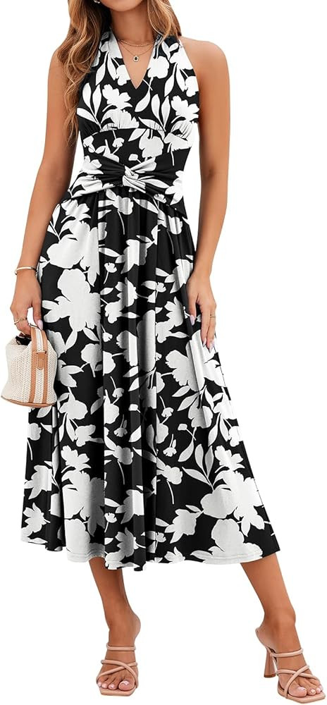 Sureple Women's V Neck Midi Dresses with Pockets Sleeveless Twist Waist Pleated Aline Flowy Beach... | Amazon (US)