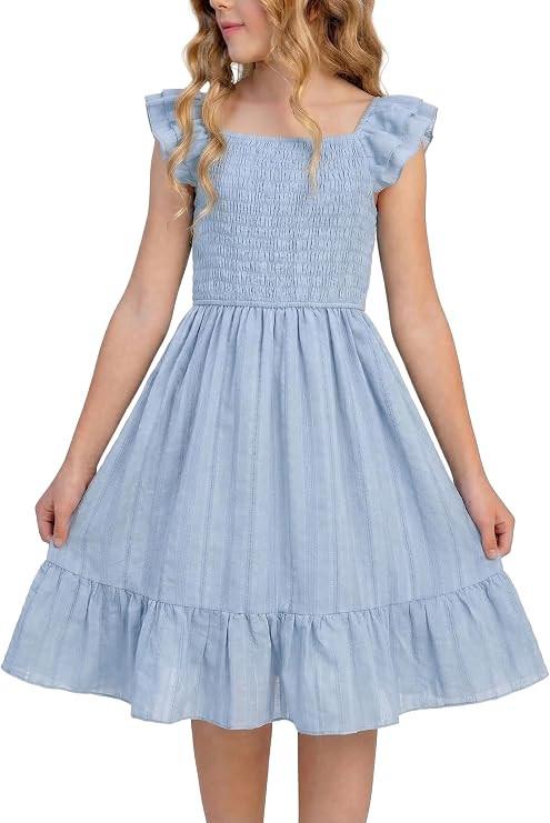 Girls Summer Dresses Smocked Flutter Sleeve Square Neck Ruffle Beach Party Teen Dress 6-14 Years | Amazon (US)